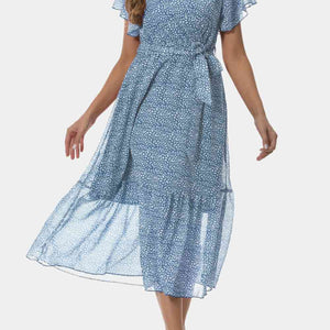 Surplice Neck Flutter Sleeve Tied Dress