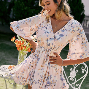 Floral Ruffle V-Neck Short Sleeve Women  Summer Dress Holiday A-Line High Waist Sundress Beach Spring Lace Up Vestidos