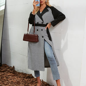 Office Lady Houndstooth Double-Breasted Cape Trench Coat Elegant Lace Up Plaid Long Coats Za Lapel Color Block Overcoat