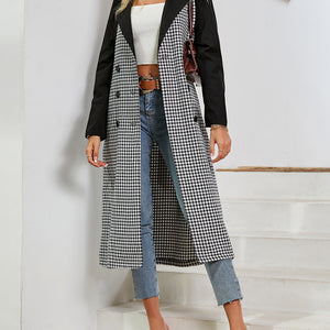 Office Lady Houndstooth Double-Breasted Cape Trench Coat Elegant Lace Up Plaid Long Coats Za Lapel Color Block Overcoat