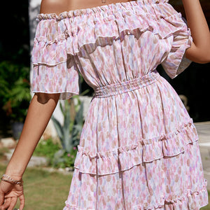 Holiday Off Shoulder Print Ruffle Women Summer Dress Floral Elastic One Shoulder Mini Dresses Beach Sweet A-Line Vestido