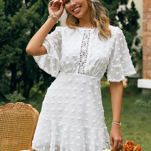 Holiday O-Neck Flare Sleeves Tassel White Mini Dress Summer Women Hollow Out Emboridery Ruffle Dresses Casual Vestidos