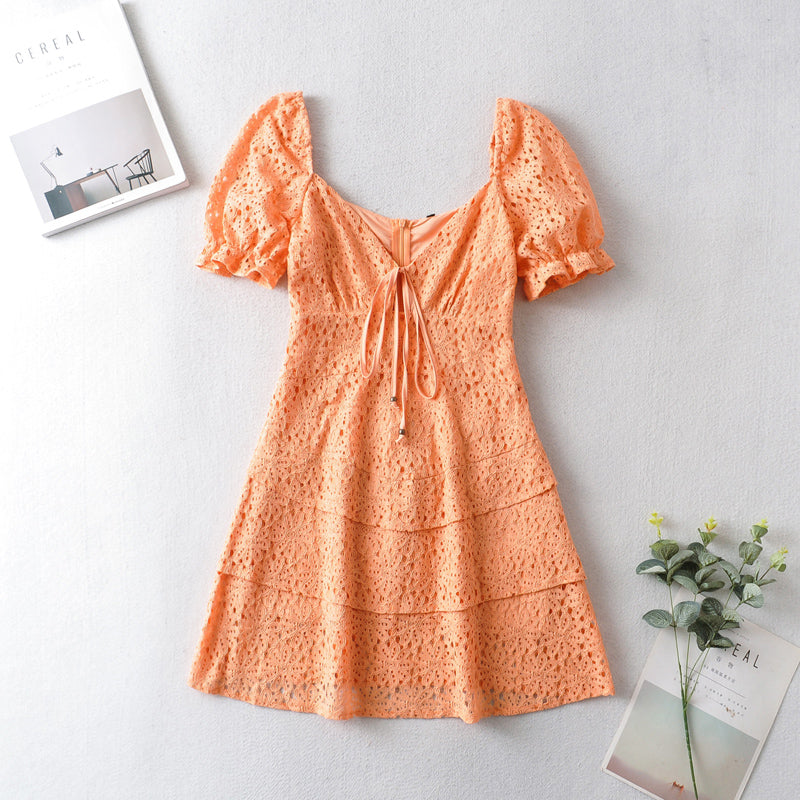 New Fashion Fresh round Neck Puff Sleeve Lace Lace-up A- line Dress for Women