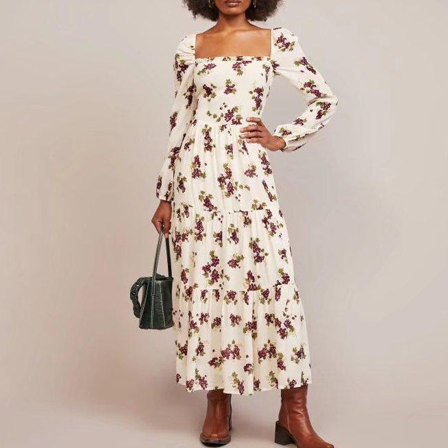 Spring  Women Square Collar Printed Long Sleeve Dress Maxi Dress