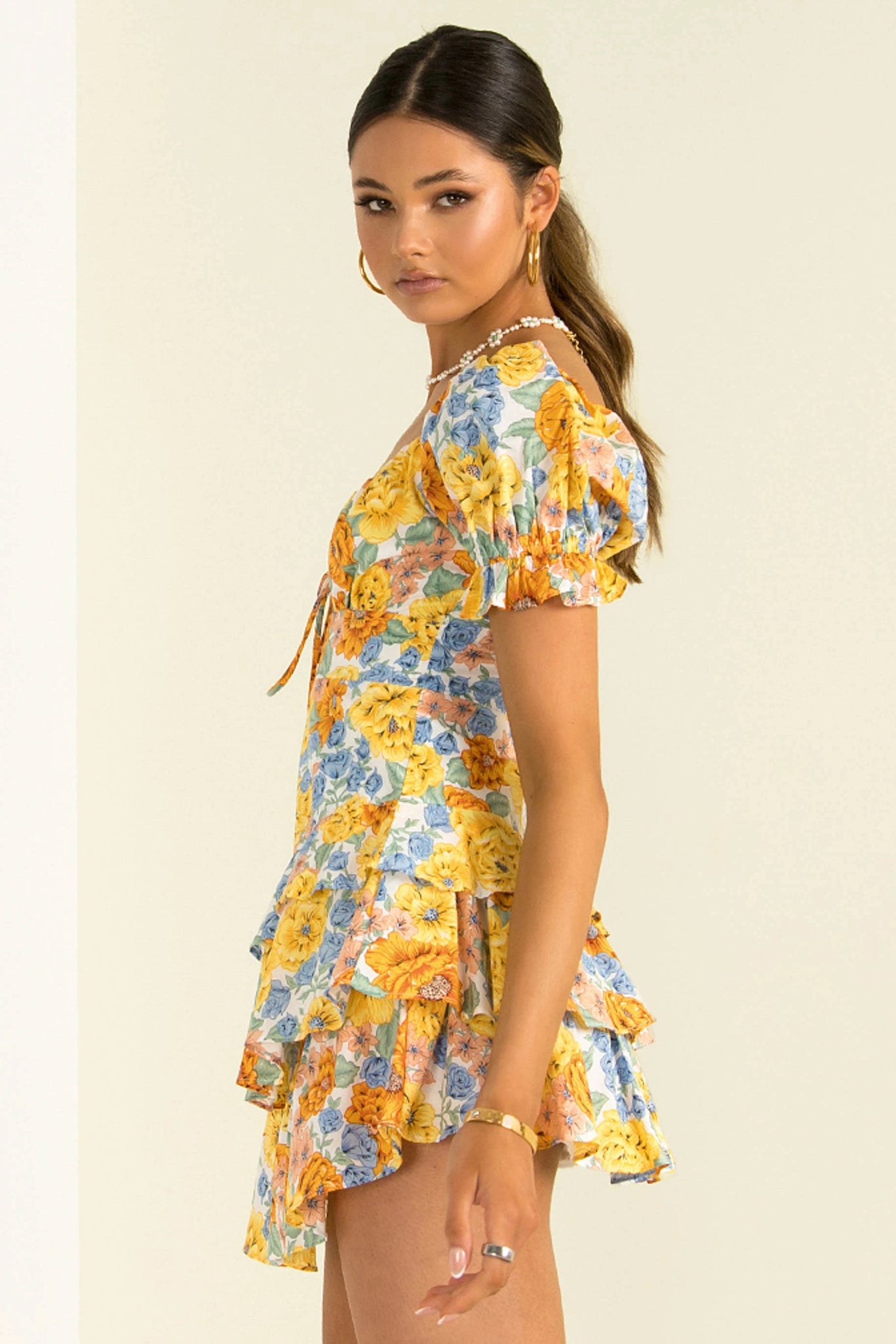 V-neck Puff Sleeve Printed Lotus Leaf Skirt Dress