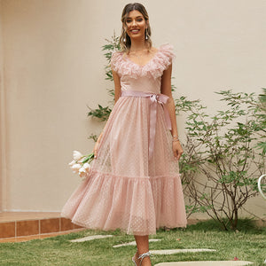 Meshes Polka Dot Sash Summer A-Line Dress Women Pink Ruffle Sleeveless Vneck Party Dress Maxi Elegant Tulle Vestido 2022