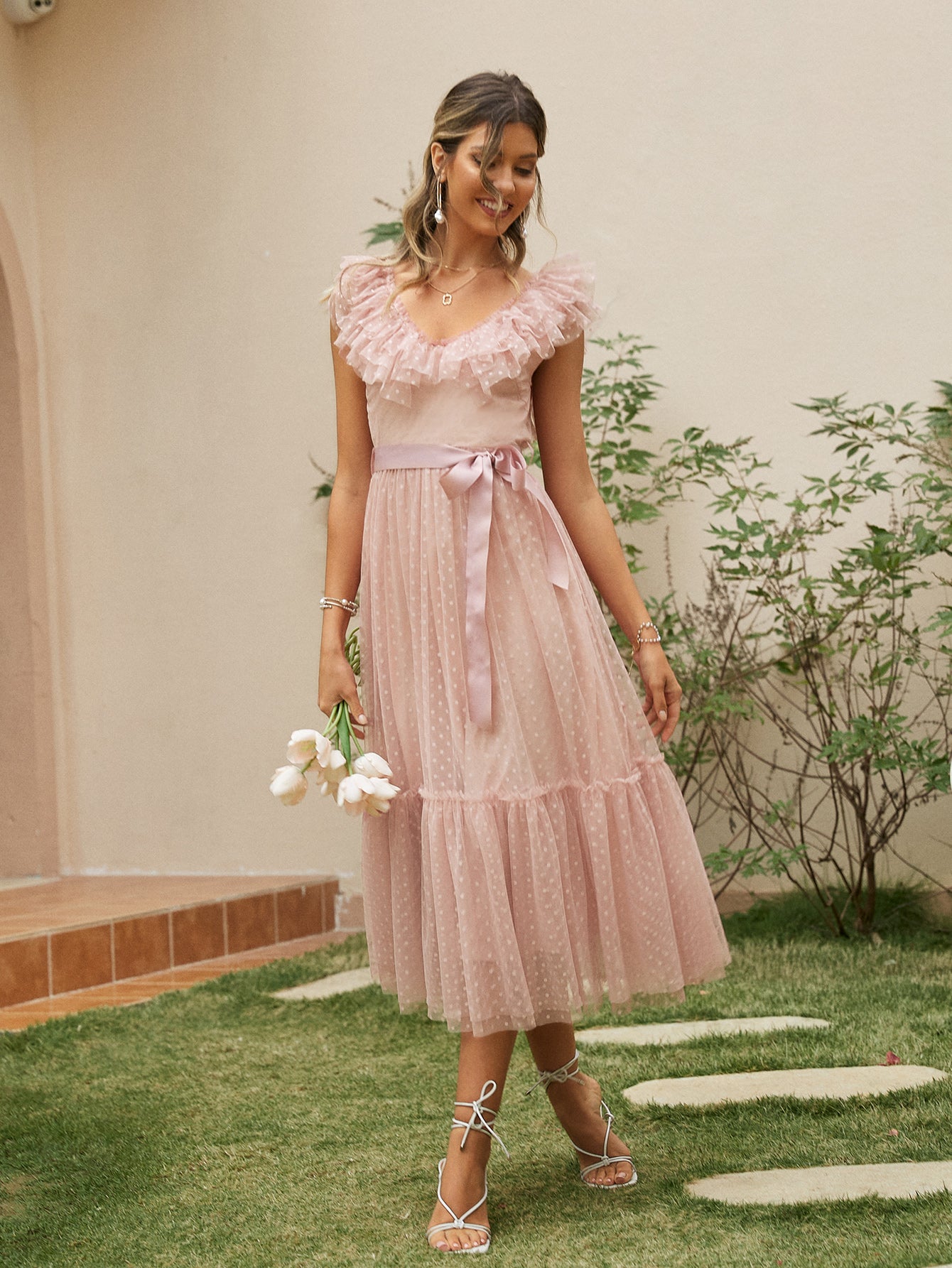 Meshes Polka Dot Sash Summer A-Line Dress Women Pink Ruffle Sleeveless Global Fashions GC Meshes Polka Dot Sash Summer A-Line Dress Women Pink Ruffle Sleeveless Global Fashions GC