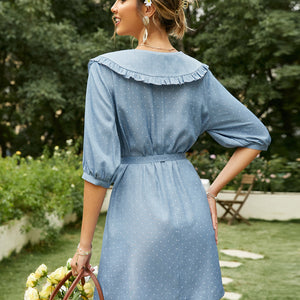 Office Button Polka Dot Lace Up Women Mini Dress Summer Holiday Ruffle Peter Pan Collar Blue Dresses A-Line Sash Vestido