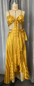 Satin Silk Ruffled 2 Piece Sets Elegant Corset Spaghetti Strap High Split Dress Sets  Summer Lace Up Casual Set