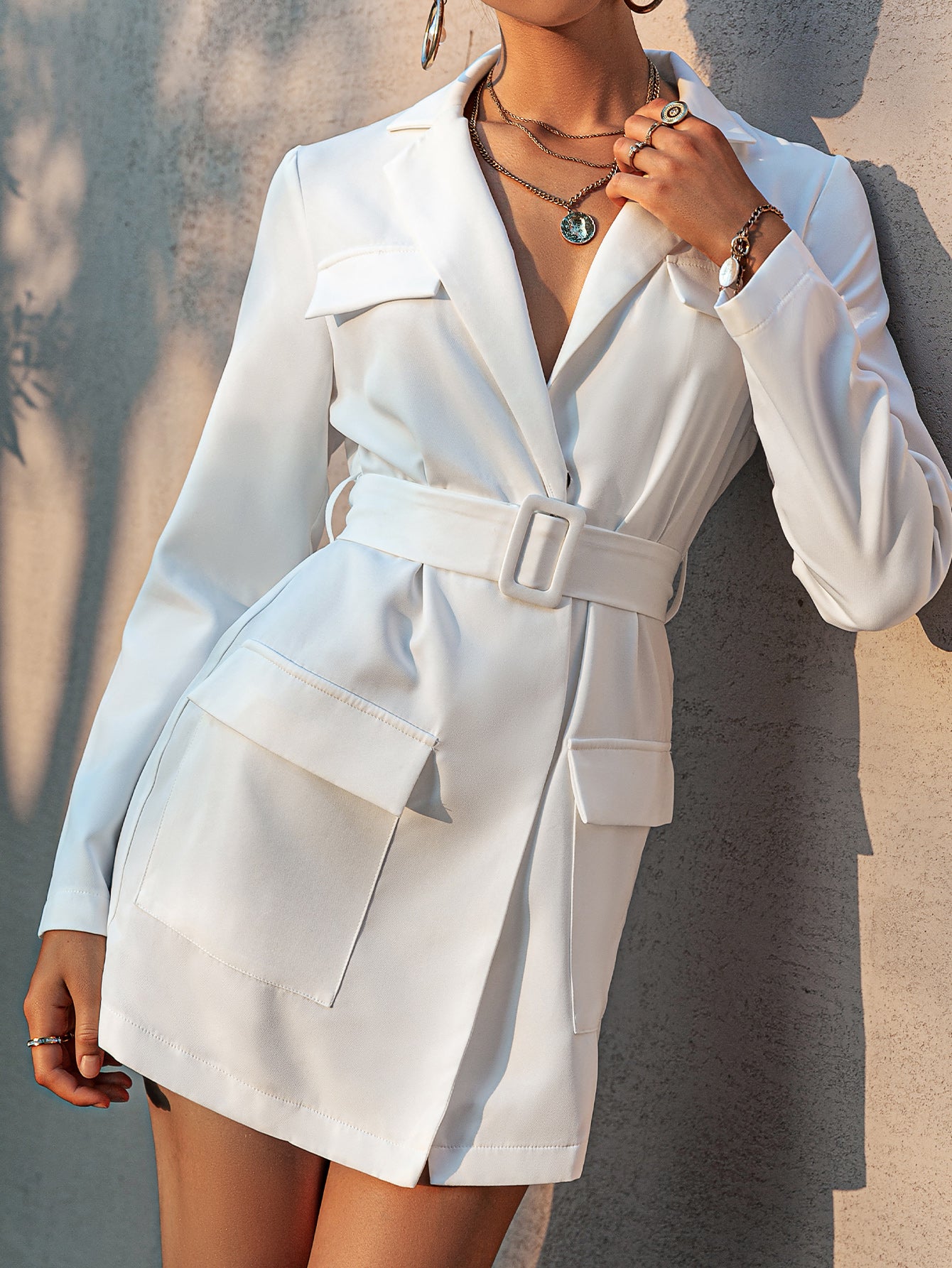 Office Lady Notched Pocket Belt Women Blazer Long Sleeves V-Neck White Blazers Coat Elegant Autumn Female Solid Outwear