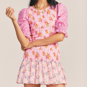Spring New Women  Combination of Three Color Printed Elastic Short Sleeve Dress