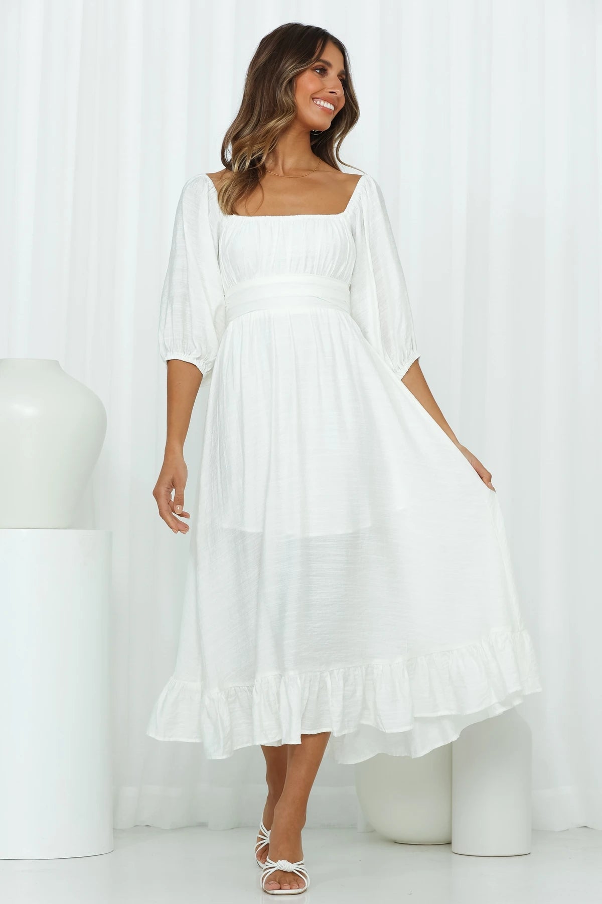 2022  Spring New Gentle Stylish round Neck Short Sleeve High Waist Backless Ruffled Dress for Women Maxi Dress