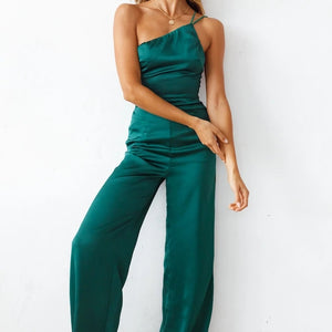 2022  Spring New Fashion Elegant One-Shoulder Collar Belt-Free Green Wide-Leg Office Pants Dress for Women
