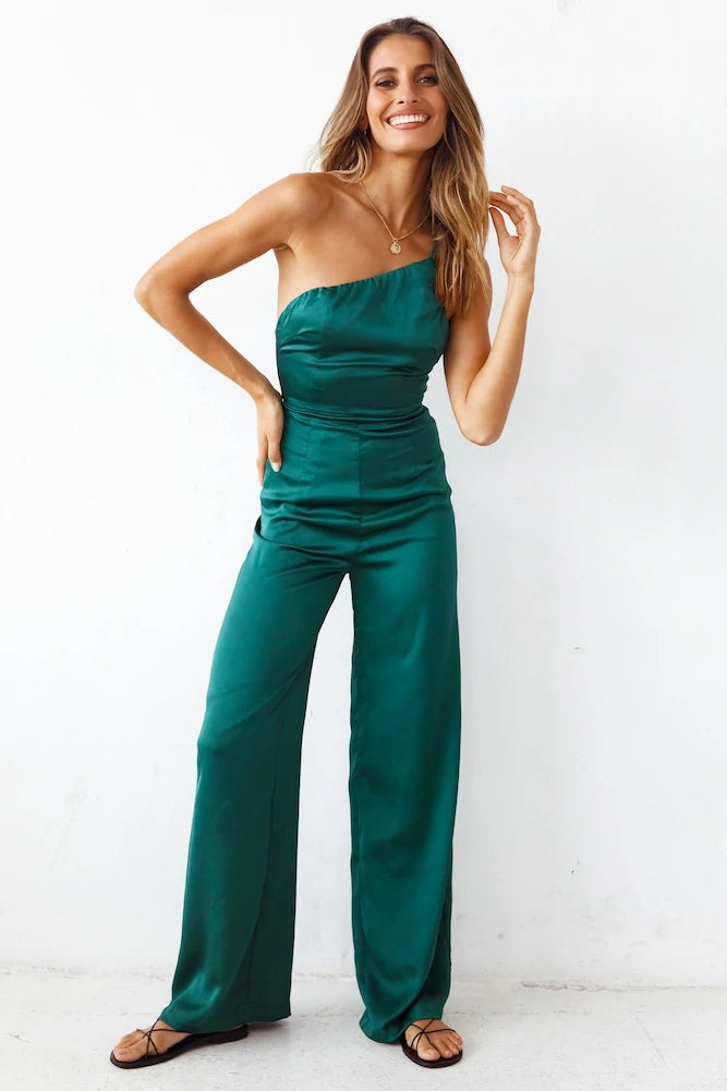 2022  Spring New Fashion Elegant One-Shoulder Collar Belt-Free Green Wide-Leg Office Pants Dress for Women