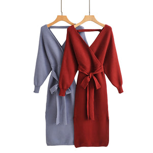 Autumn and Winter Dress Sexy V-neck Hip Skirt  V-neck Mid-Length Slit Knitted Long-Sleeved Dress Maxi Dress