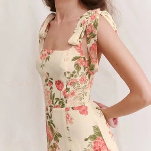 Sundress Square Collar Floral Printing On White Background New Side Slit Strap Dress For Women Shoulder Bow