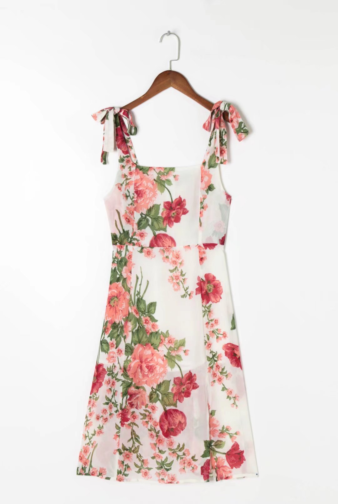 Sundress Square Collar Floral Printing On White Background New Side Slit Strap Dress For Women Shoulder Bow