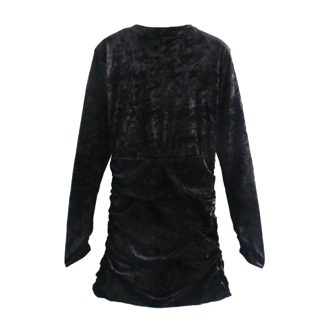 Winter New Elegant Style V-neck Long Sleeve Pleated Black Ribbon Padded Shoulder Dress for Women