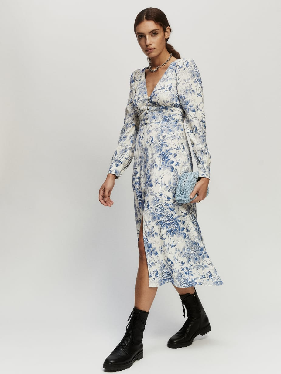 Spring New French Vintage Floral Printed Front Row Buttons Hem Sexy Slit Long Sleeve Dress Maxi Dress