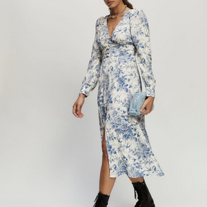 Spring New French Vintage Floral Printed Front Row Buttons Hem Sexy Slit Long Sleeve Dress Maxi Dress