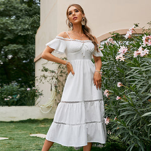 Elegant Cold Shoulder Ruffle White Summer Dress Women Cut Out Lace Cotton Maxi Dresses A-Line Split Holiday Vestido 2022