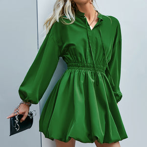 Autumn Lantern Sleeve Ruffled Women Dress Green Elegant A-Line Elastic Waist Blouse Dress Female Lace Up Solid Vestidos
