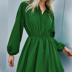 Autumn Lantern Sleeve Ruffled Women Dress Green Elegant A-Line Elastic Waist Blouse Dress Female Lace Up Solid Vestidos