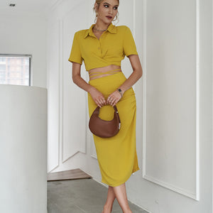 Elegant Short Sleeve Lace Up 2 Piece Sets Women Fashion Elastic Waist Ruched High Split Skirt Suit Solid Slim Dress Sets