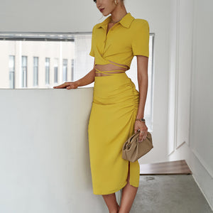 Elegant Short Sleeve Lace Up 2 Piece Sets Women Fashion Elastic Waist Ruched High Split Skirt Suit Solid Slim Dress Sets