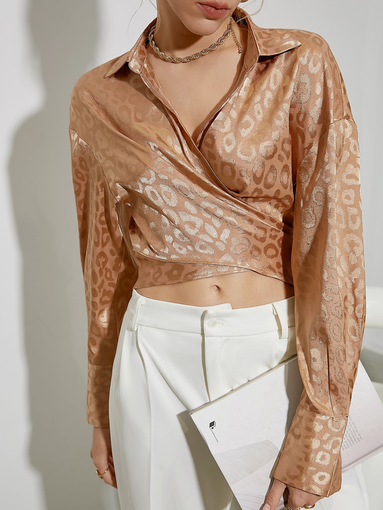 Elegant Leopard Satin Silk Wrap Blouse Shirt Women Fashion Long Sleeve Lapel Short Shirt Solid Slim Blouse 2022 Summer