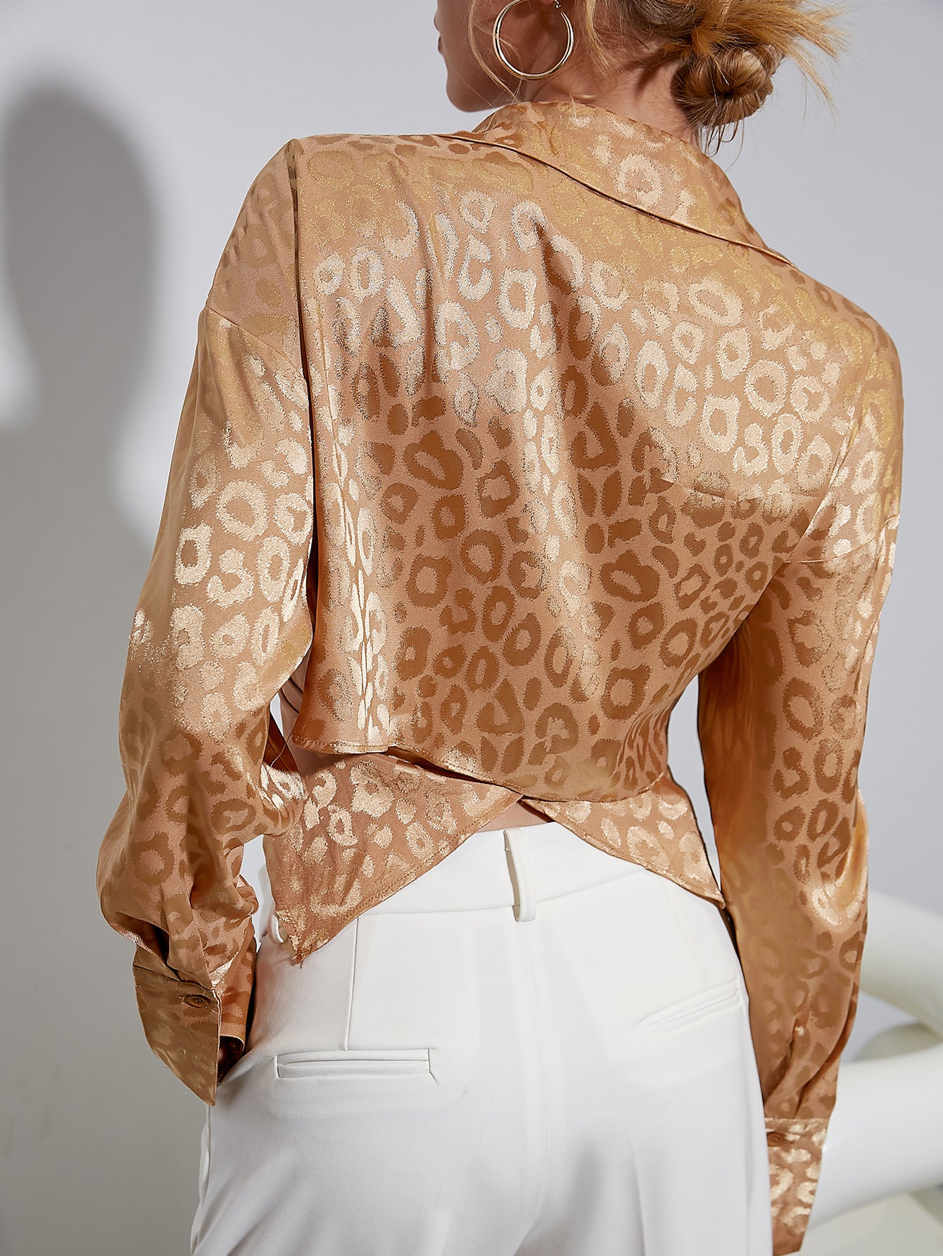 Elegant Leopard Satin Silk Wrap Blouse Shirt Women Fashion Long Sleeve Lapel Short Shirt Solid Slim Blouse 2022 Summer