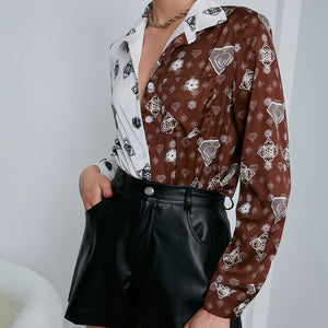 Fashion Patchwork Print Satin Silk Blouse Shirt Women Elegant Long Sleeve Single Breasted Shirt 2022 Summer Casual Shirt