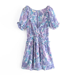 French Style Vintage Floral Print Puff Sleeve High Waist Wooden Ear Fork Dress Spring Women Clothing