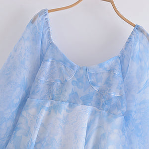 Spring Women  Clothing French Retro Organza Blue and White Porcelain Bubble Sleeve Princess Dress
