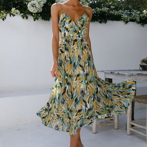 Strap Type Sleeveless V-neck Swing Printed Dress Spring and Summer
