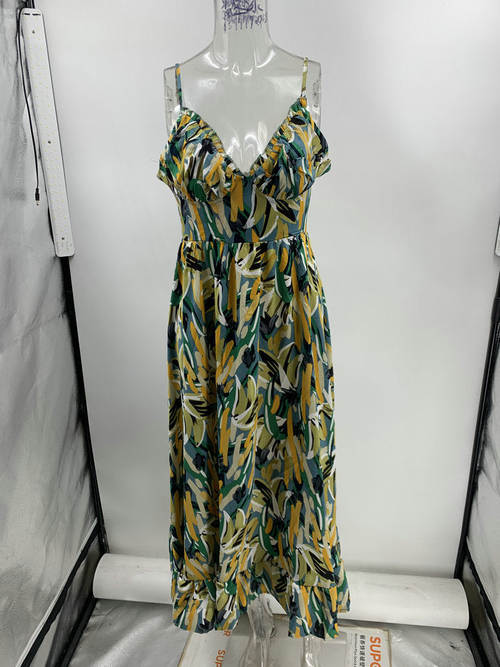 Strap Type Sleeveless V-neck Swing Printed Dress Spring and Summer