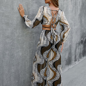 Elegant Lantern Sleeve V-Neck Chiffon Jumpsuit Women Leopard Print High Waist Wide-Leg Romper Summer Bandage Playsuit