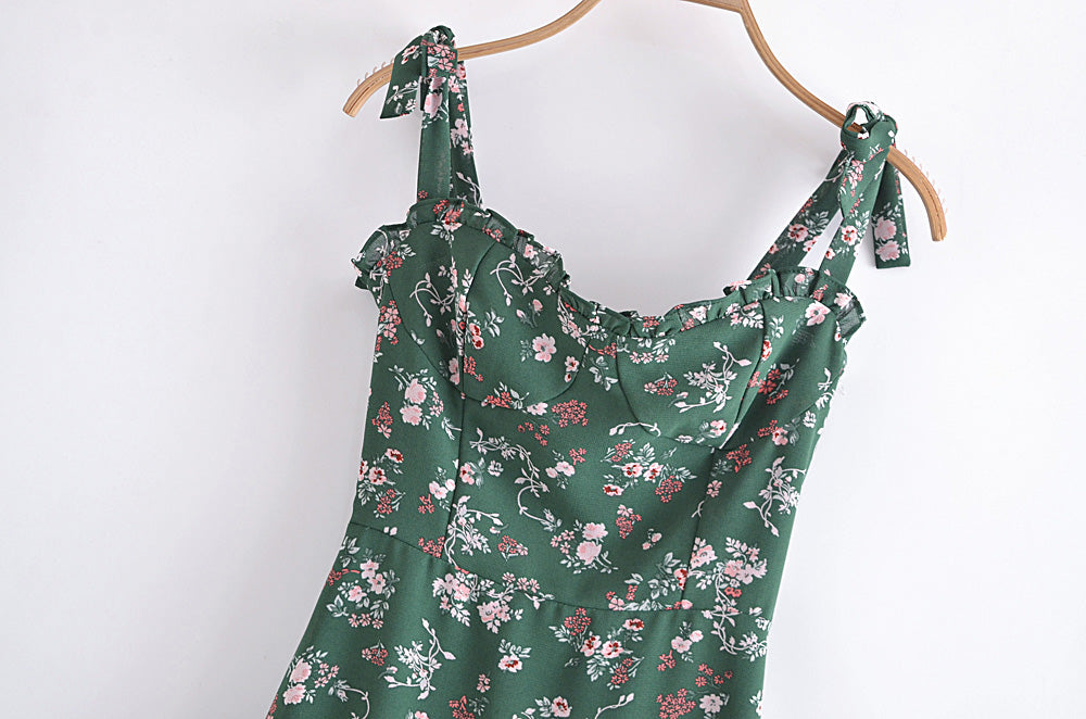 Early Spring New Women Clothing  Style Vintage Small Floral Printed Slim-Fit Slimming Large Skirt Suspender Dress