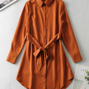 French Retro 2022 Spring New  Style Women Clothing Lace-up Long Sleeve Mid-Length Shirt Dress