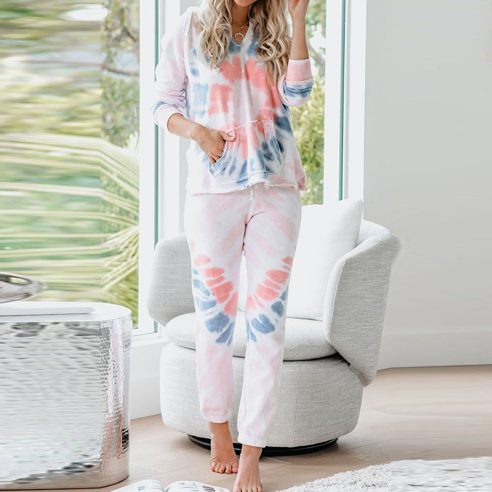 New Ladies Homewear Two-Piece Set Autumn Winter  Bright Color Tie-Dyed Long Pajamas