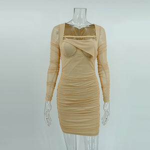 Women Clothing Autumn Winter New Elegant Slim-Fit Long Sleeves Pleated Slim Irregular Sheath Dress Short Skirt for Women