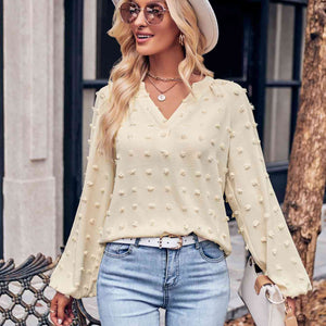 Swiss Dot Notched Neck Long Sleeve Blouse