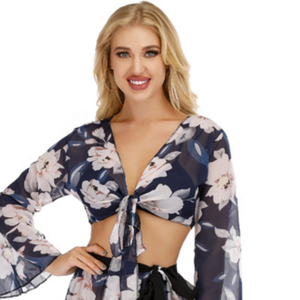 Beach Holiday Floral Print Long Sleeve Loose Outer Tops One-Piece Skirt Bikini Blouse Suit