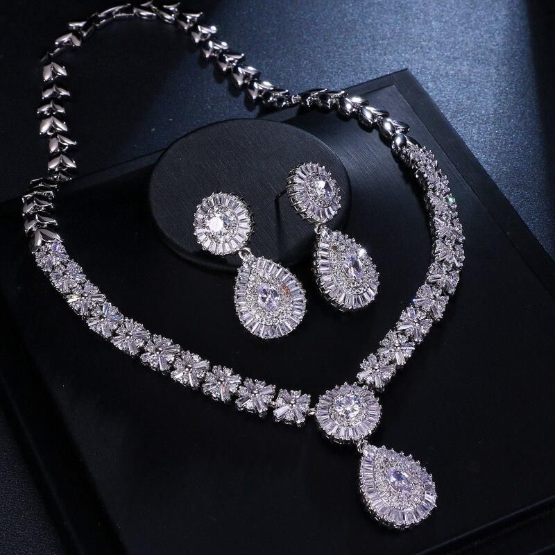 White Gold Color New Crystal Earrings Necklace Set
