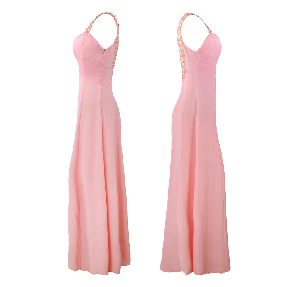 New Deep V-neck Fashion Ball Gown Chiffon Pink Evening Gown Maxi Dress for Women