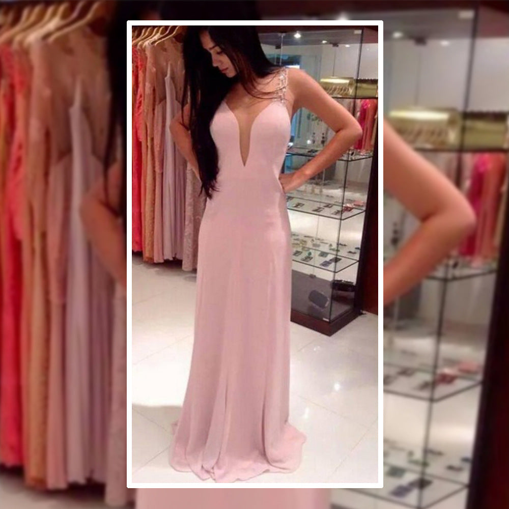 New Deep V-neck Fashion Ball Gown Chiffon Pink Evening Gown Maxi Dress for Women