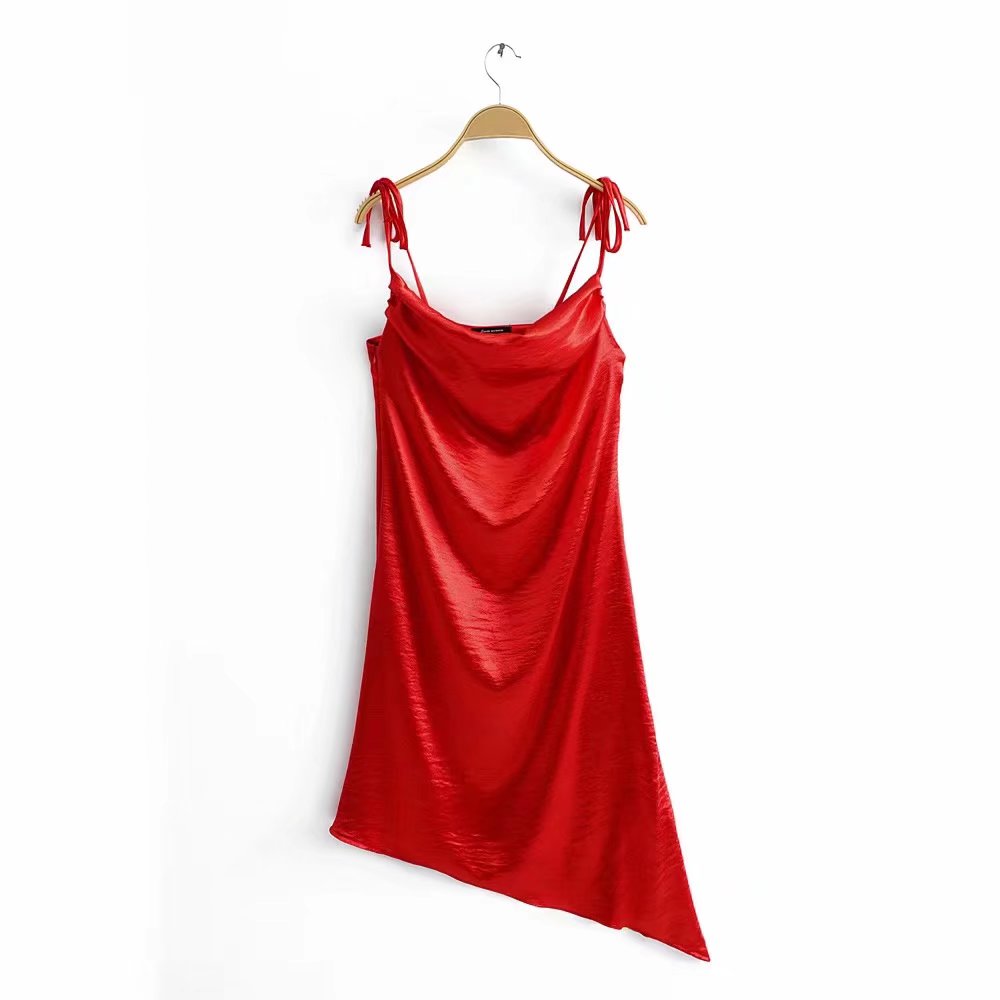 Women Clothing  New Satin Tied Spaghetti-Strap Red Dress Solid Color Elegant Graceful Dress for Women Summer
