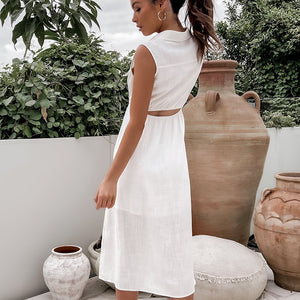 Summer New Style White Hollow Dress Women Elegant  Deep V-neck Sleeveless Waist-Slimming Maxi Dress
