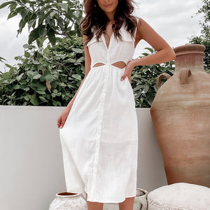 Summer New Style White Hollow Dress Women Elegant  Deep V-neck Sleeveless Waist-Slimming Maxi Dress