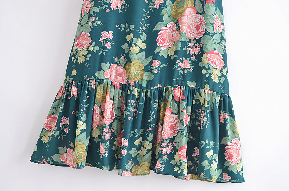 Summer New Suspender Ruffled Floral Print Slim-Fit Slimming Large Skirt Ribbon Lace-up Dress